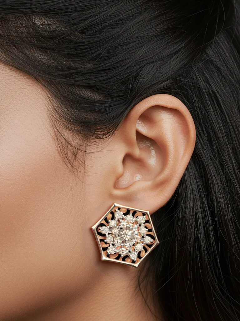Hexagonal Floral Diamond Stud Earrings
